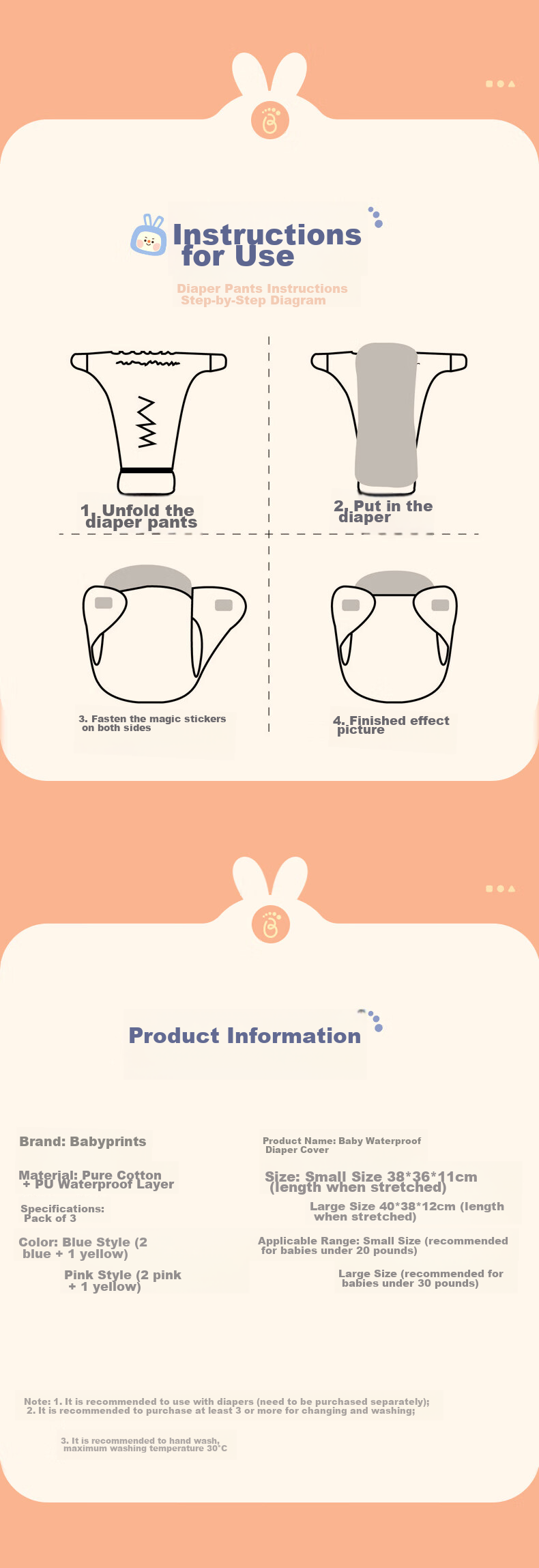 Babyprints [Without Acetamide] Diaper Cover, Breathable And Waterproof Baby Diaper Pants, Washable Button Closure, Blue, 3 Large Sizes 5