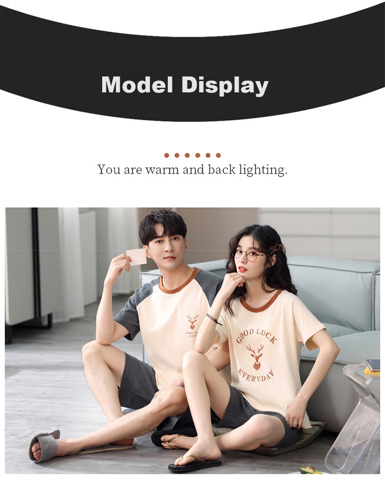 LangSha Couple's Pajamas for Men, Summer Thin Pure Cotton Wearable Short-Sleeve Korean-Style Home Wear Set, Deer Pattern Male Style, Size L 6