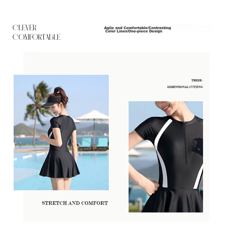 LangSha Women's Summer Ice Silk Short Sleeve Skirt One-Piece Slim Quick-Dry Hot Spring Beach Swimwear 2