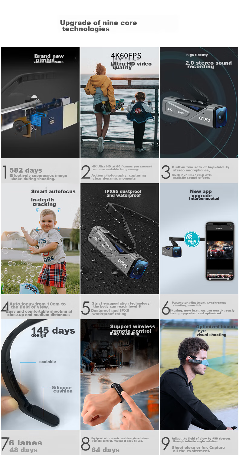 ORDRO EP7 Head-Mounted 4K Camera Action Camera HD Home Recorder Gimbal Stabilized Portable Recorder for TikTok Vlog Short Videos Cycling Live Streaming 8