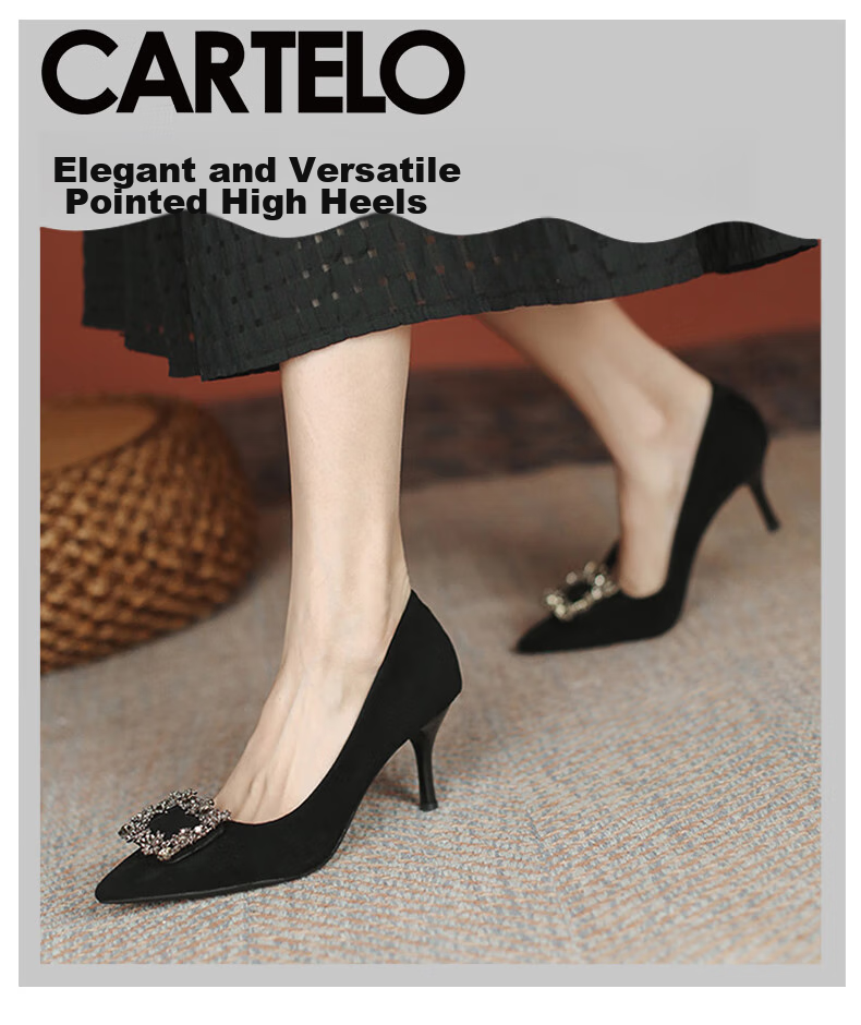 CARTELO Rhinestone Pointed Toe Pumps Snowflake Buckle High Heels KCC-6688 Black (7cm) Size 39 1