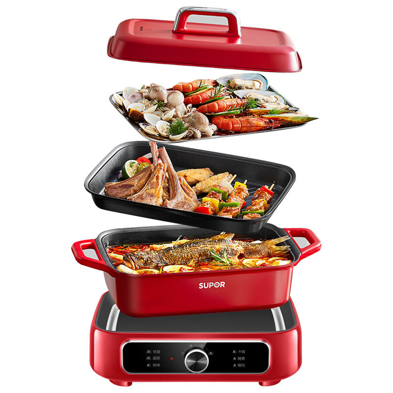 SUPOR Electric Steamer Pot, Electric Cooker, Electric Hot Pot, Multi-Functional Home Fish And Meat Grill, Versatile Detachable Non-Stick Cooking Pot, Steaming, Boiling, Stewing And Hot Pot Electric Cooker H3423FK863A