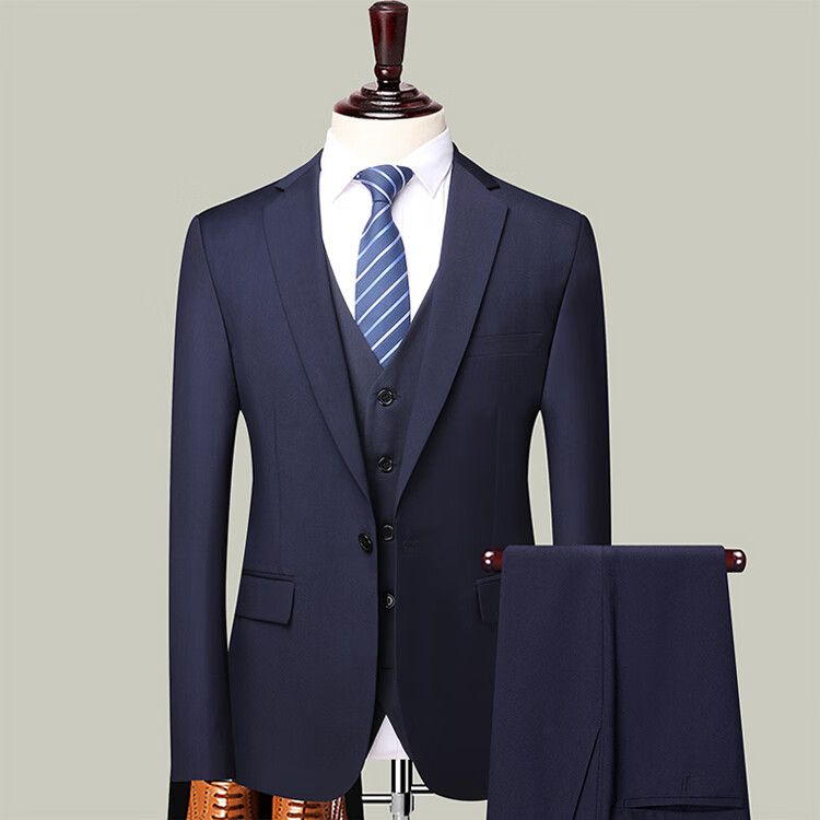 ROMON Men's Suit Set, Three-Piece Business Slim-Fit Formal Wear, Groom Attire, Professional Suit, Navy Blue, 3XL 17