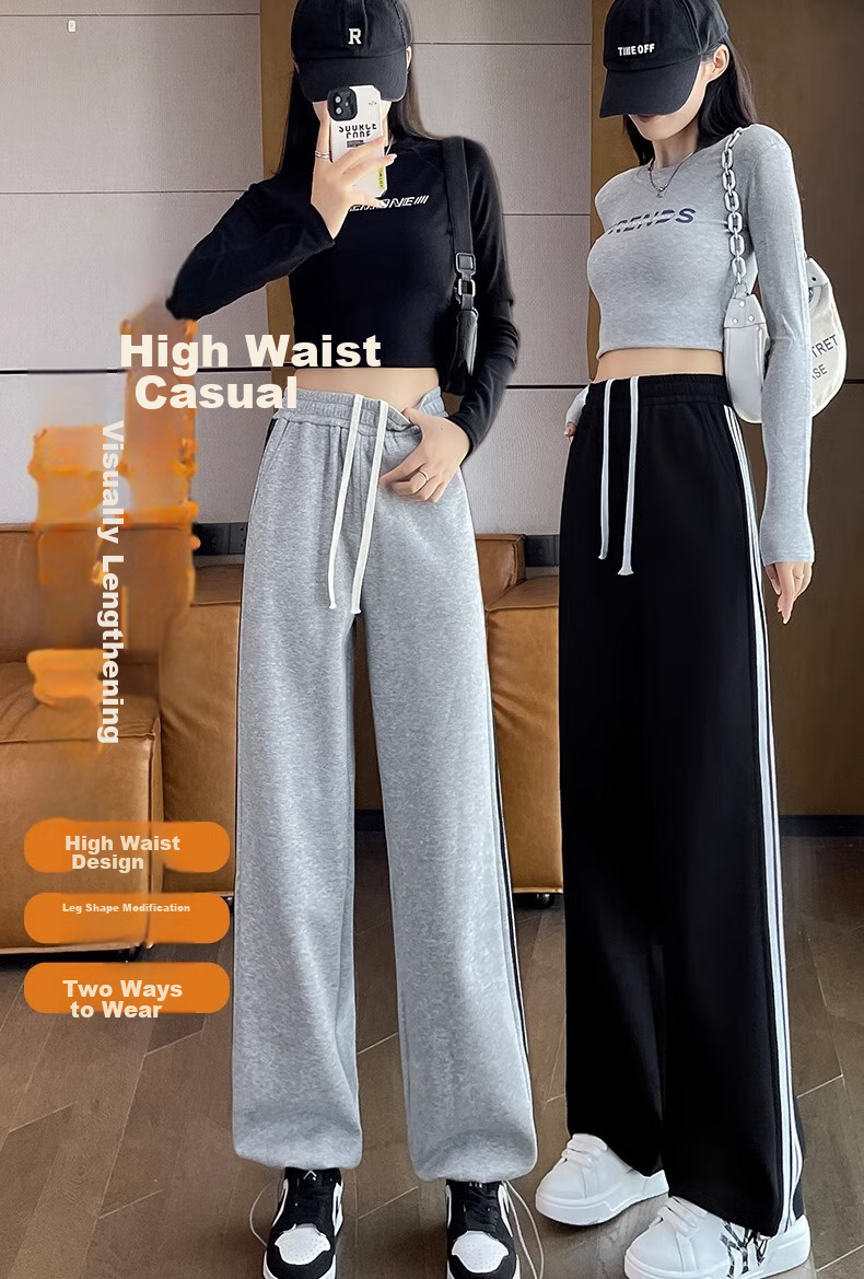 LangSha Women's Leggings with Two-Way Wear, Straight-Leg Three-Stripe Cotton Pants, Autumn Outer Wear, Sports Pants with Elastic Cuffs, Loose High-Waist Drawstring Sweatpants 1