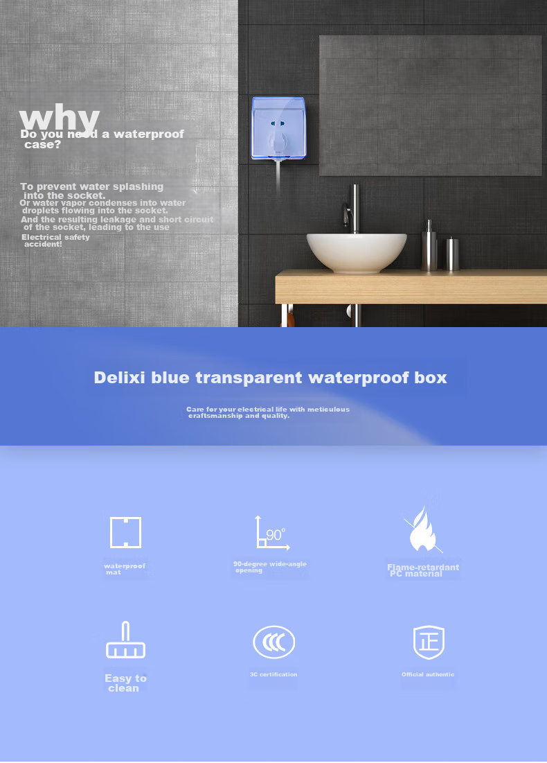 DELIXI Switch Socket Splash-Proof Box, 86-Type Blue Transparent Splash-Proof Box with Plastic Cover 2