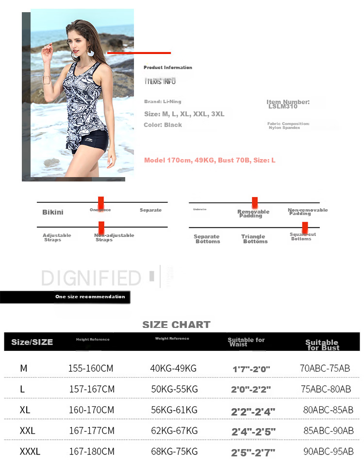 Li-Ning Women's One-Piece Swimsuit, Conservative Square Leg Design, Tummy Control, Slimming Effect, Suitable for Hot Springs And Sexy Outings, Model 310, Black, Size M 2
