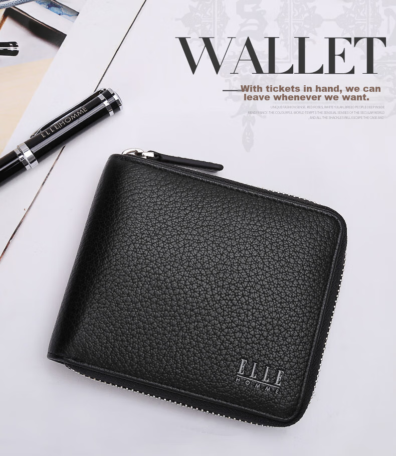 ELLE HOMME Men's Fashionable Short Wallet, Litchi Pattern Top-Grain Leather Zipper Coin Purse 4122, Birthday Gift for Me 1