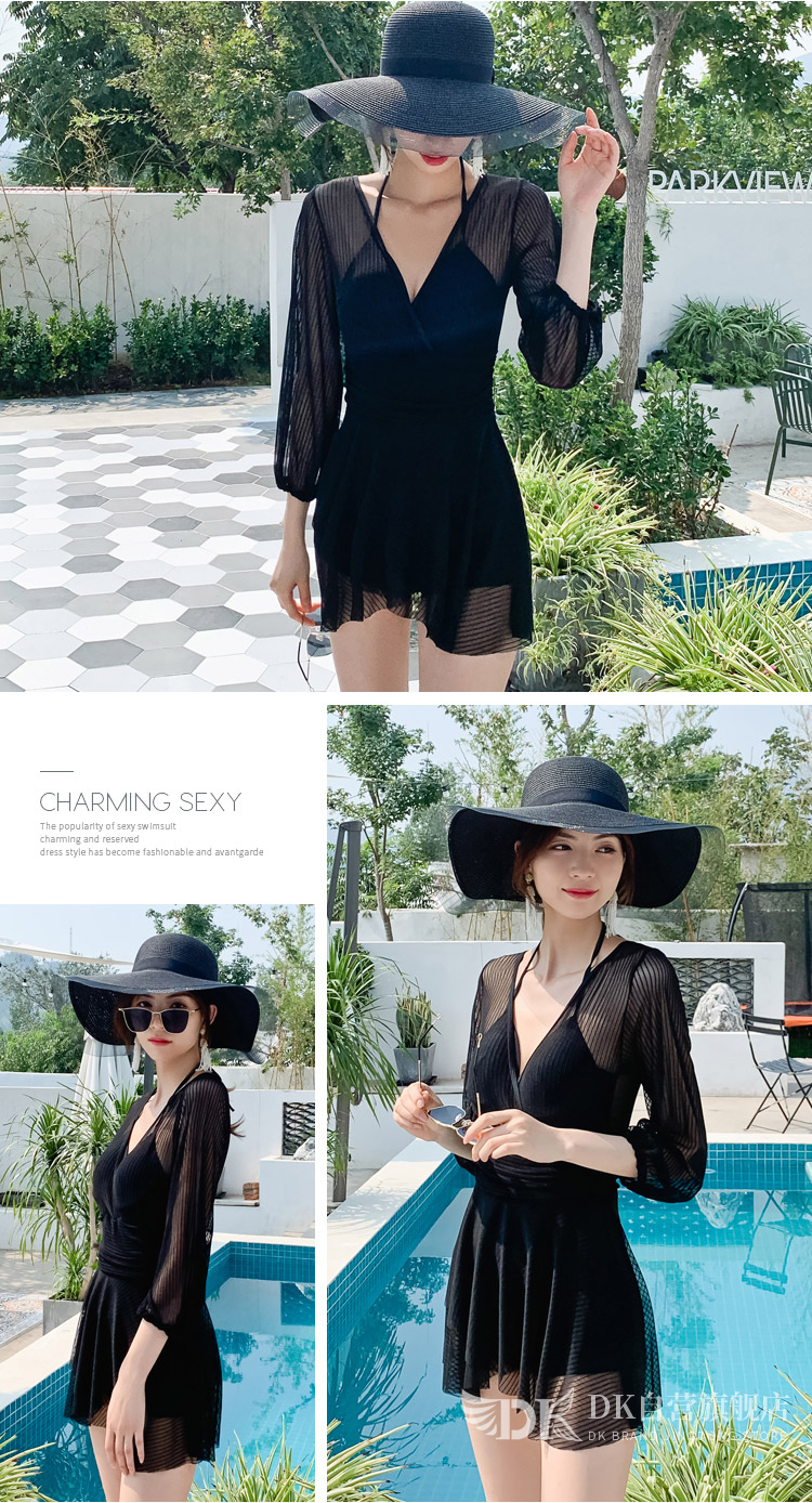 DK Swimsuit for Women, Sexy Small Chest Push-Up Conservative Tummy-Covering Slimming Korean Hot Spring One-Piece Swimwear, Black, L 4