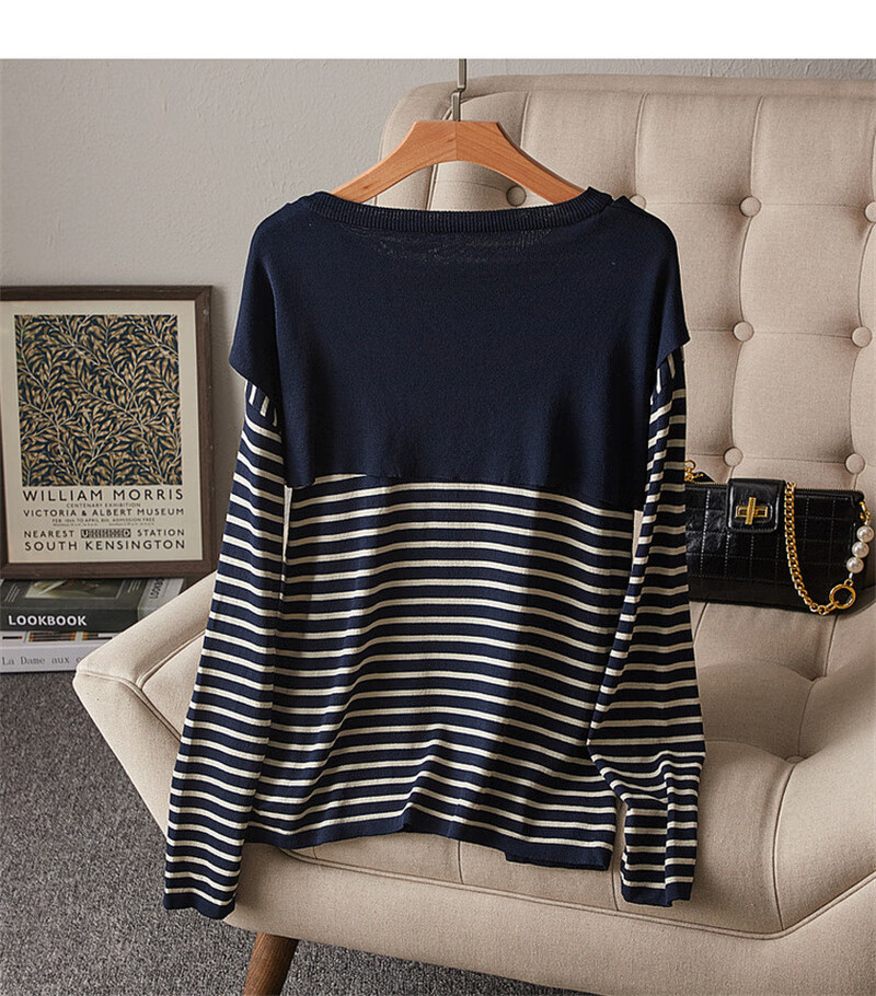 Dme [French Knit Sweater] Spring And Autumn Round Neck Double Curved Striped Contrasting Color Women's Knit Sweater, Off-White, XL 17