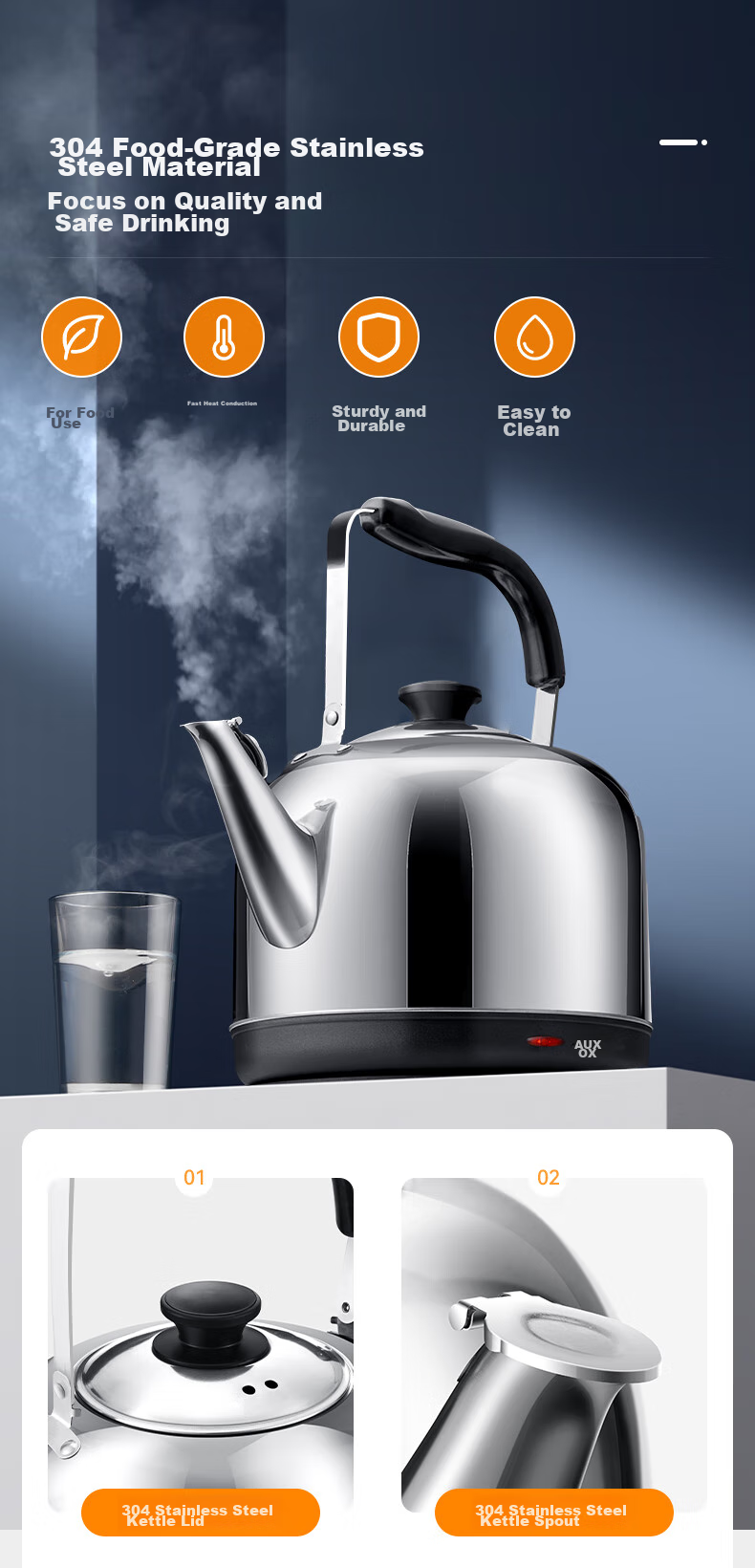 AUX Electric Kettle, Hot Water Kettle, 304 Stainless Steel, 6L Large Capacity, Warm Water Pot, Boiling Kettle, Commercial And Household Use, HX-15N66 6