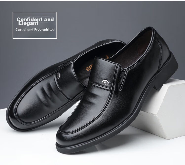 Poitulas Men's Leather Shoes, British Style Slip-On Business Casual Shoes, Lightweight Soft-Soled Loafers, Formal Dress Shoes for Men, 9526 Black, Size 44 15