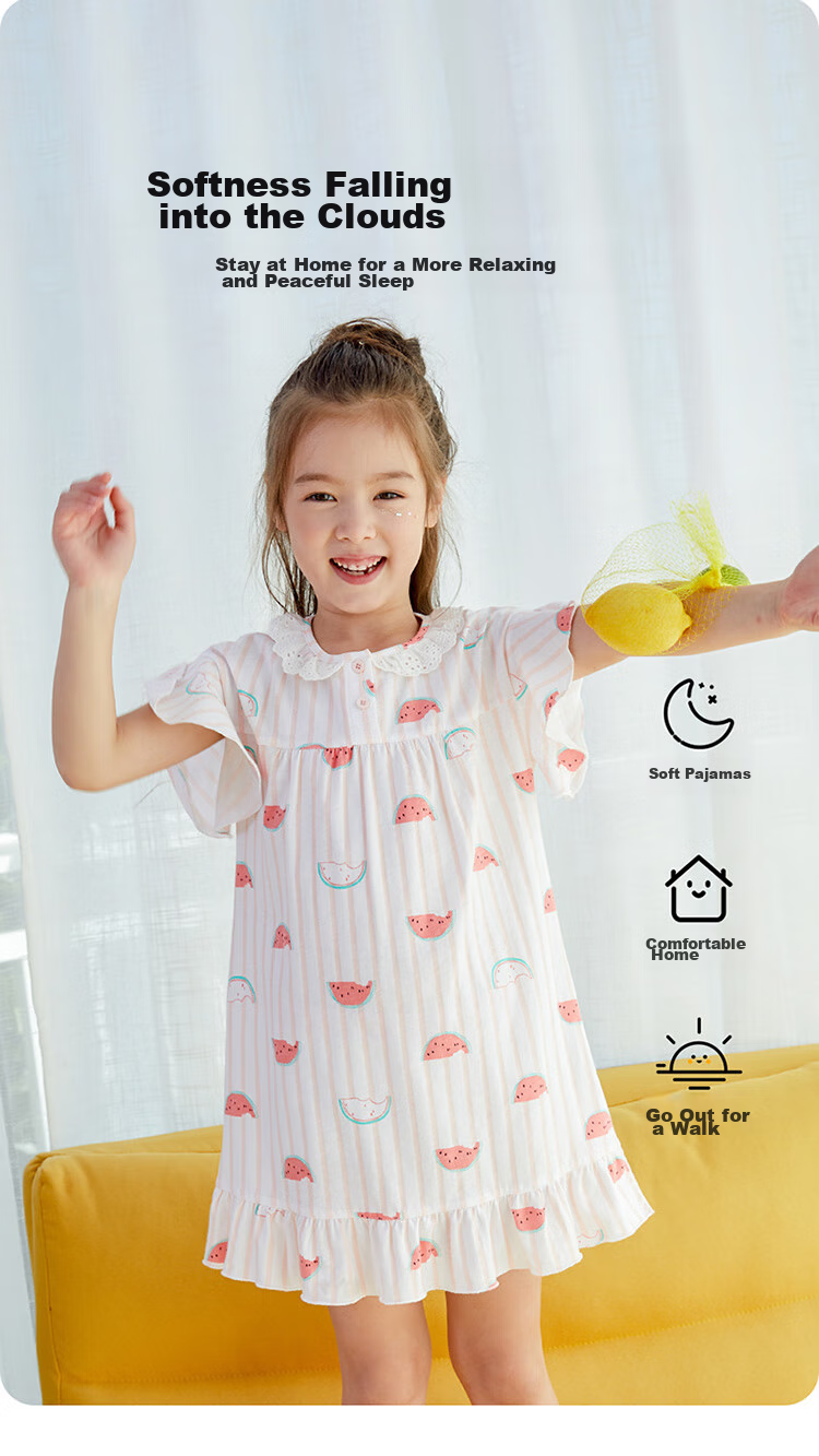 Dingguagua Girls' Short-Sleeve Cotton Nightgown, Children's Summer Thin Sleepwear, for Older Girls And Toddlers, Pink, Size 160 5