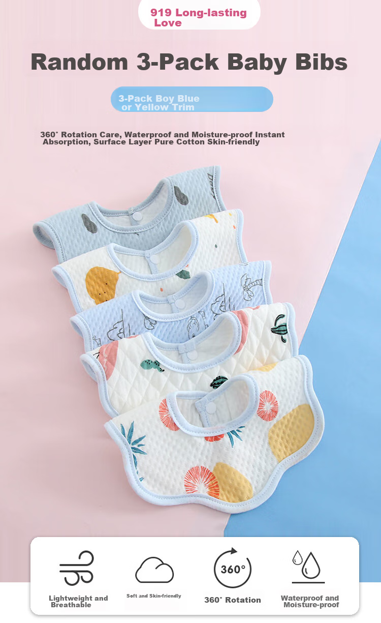 9I9 Baby Bib, Waterproof Drool Bib, Pure Cotton Surface, Rotatable Food Cover for Infants, 3 Pieces, Random Colors, A438 1