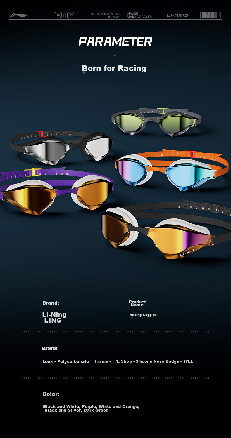 Li-Ning Swimming Goggles for Men And Women, Coated High-Definition Anti-Fog Professional Advanced Competitive Speed Swimming Glasses 2703 Orange White 9