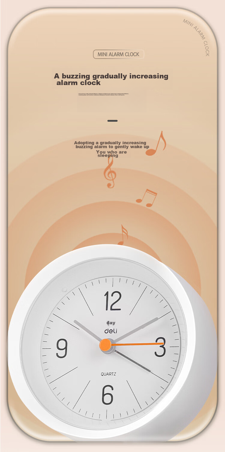 Deli Simple Buzzer Gradual Alarm Clock, Low Noise Student Alarm with Soft Lighting, Family And Office Alarm Clock, White LE300-WH Back-To Gift 6