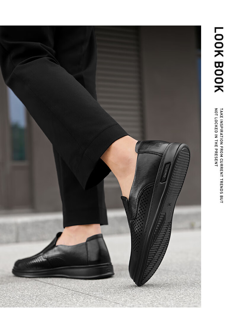 HLA Men's Leather Shoes, Business Casual Breathable Slip-On Leather Sandals for Men HAAPXM2FBH182, Black, Size 39 6