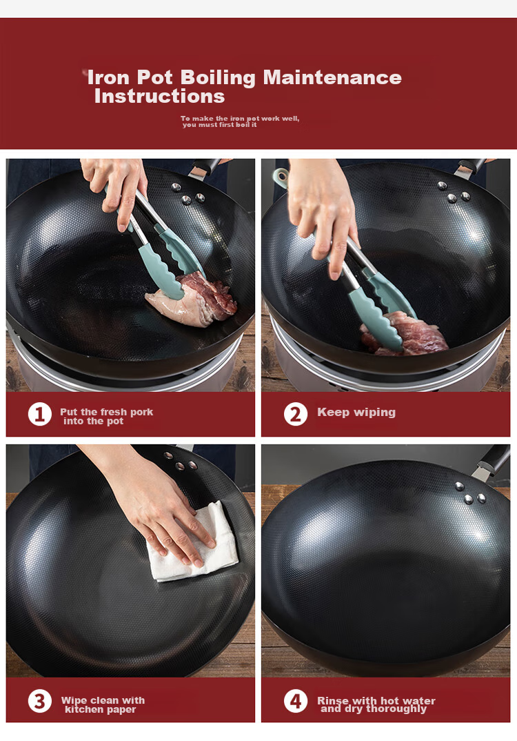 MAXCOOK Wok Iron Pan 30CM Compatible with Gas And Induction Stoves, Non-Coated, Suitable for Iron Spatula MDB-30 11