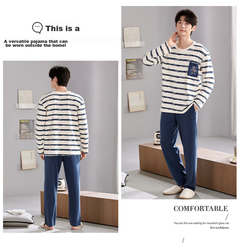 FENTENGCARE [100% Pure Cotton Breathable] Men's Pajamas, Spring And Summer Round Neck Pullover Long Sleeve Loungewear, Suitable for Outdoor Wear QH 9