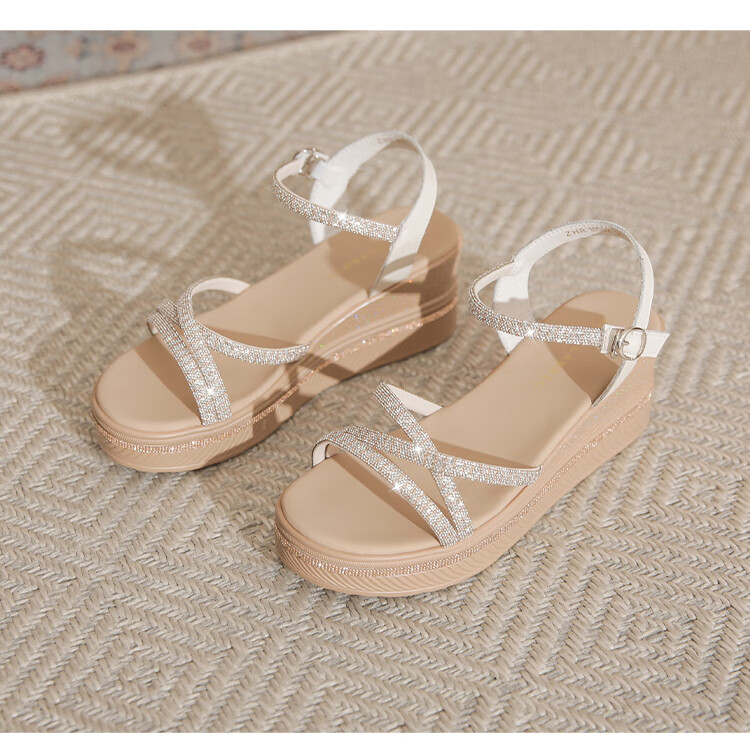 ZHR Women's Shoes, Summer Wedge Versatile Sandals, Fashionable Rhinestone Platform Slimming Beach Shoes for Women, AY161, Apricot Color, Size 35 36