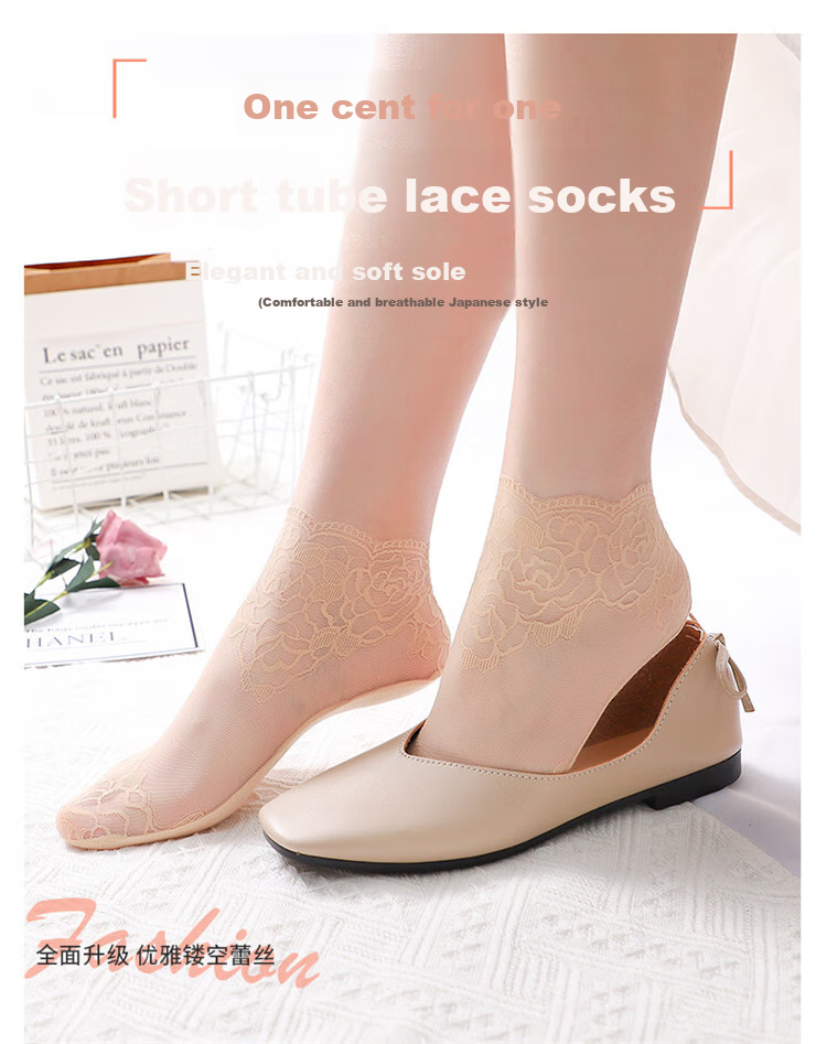 LangSha Women's Lace Stockings with Ribbons, 6 Pairs of Mesh Short Socks with Cotton Bottoms, Thin Spring And Summer Socks 1