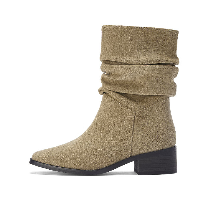 DAPHNE Western Cowgirl Boots for Women, Autumn And Winter Fashion Mid-Calf Chunky Boots, Retro Short Boots for Women, Khaki, Size 36 22