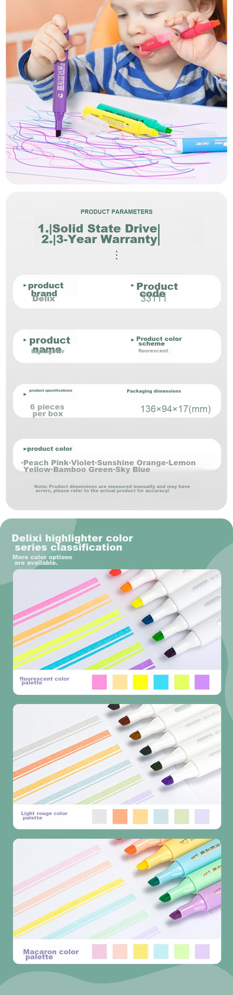 Deli 6-Color Highlighters for Student Exam Review, Key Marking Pens, Office Marking Pens, Journal Doodling, 6 Pcs/box 33111 5