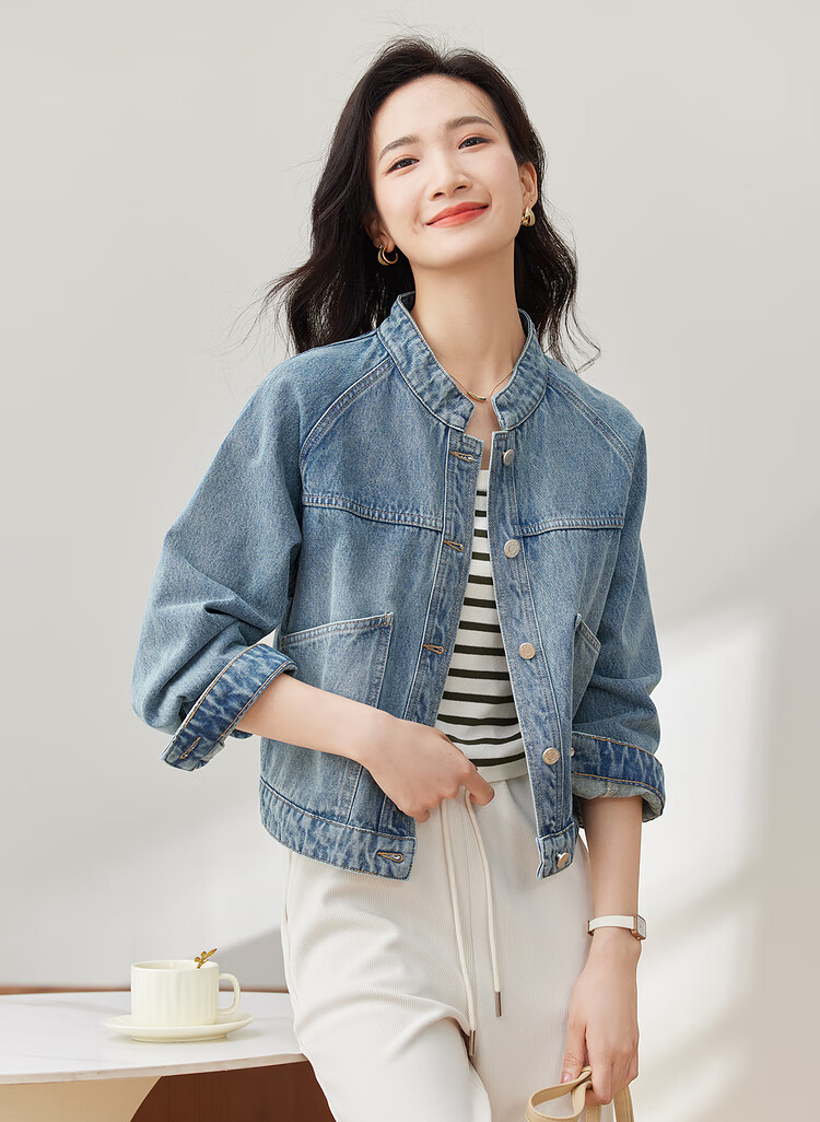 Sentubila Spring And Autumn Pure Cotton Denim Jacket, Short High-End Women's Clothing, Elegant Casual Versatile Top, Denim Blue, XL 14