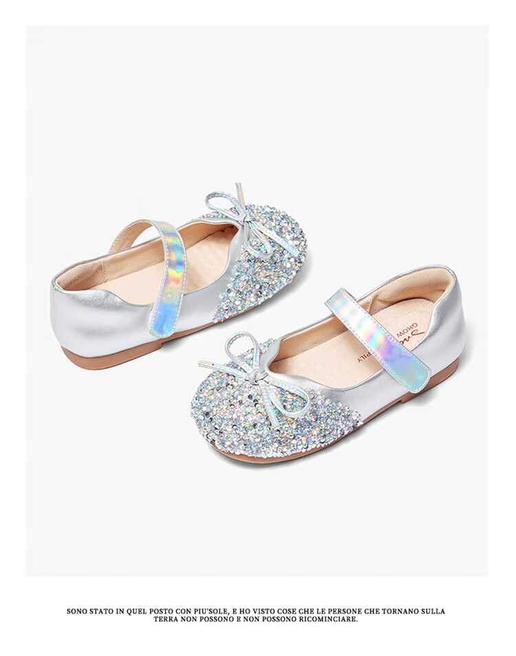Snoffy Girls' Leather Shoes, Spring Children's Crystal Shoes, Shiny Diamond Princess Shoes, Comfortable Soft-Soled Flats for Little Girls, Moonlight Silver, Size 28 5