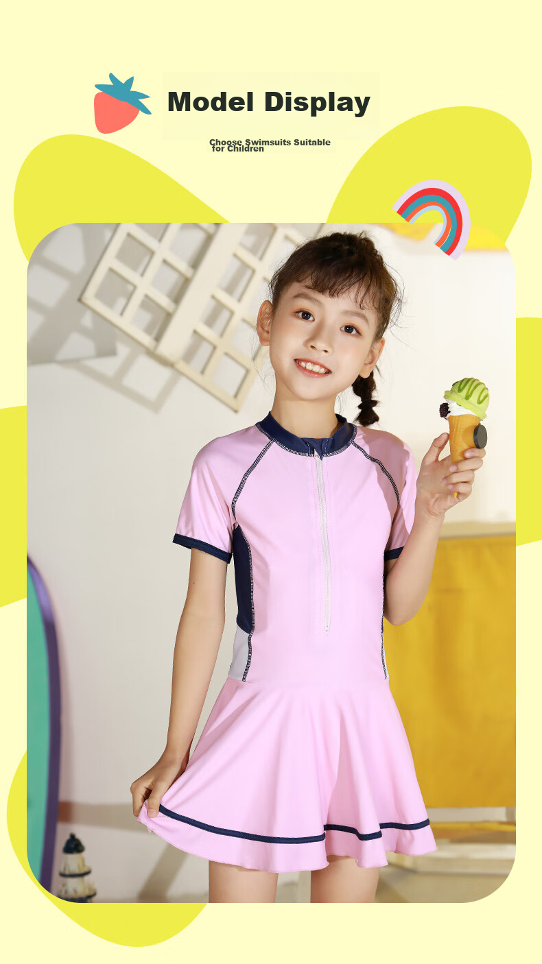 PEAK Children's Swimsuit for Girls, Summer One-Piece Princess Dress Style Sun Protection Swimwear for Older Girls, Hot Spring Bathing Suit, Y Pink, Size 160 8