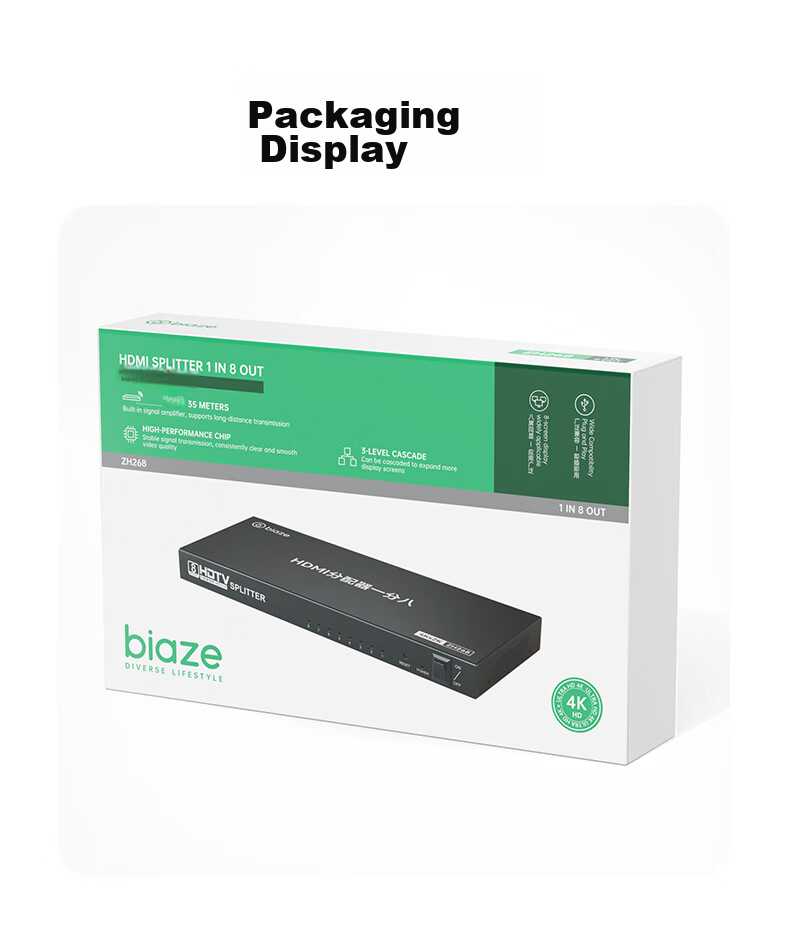 BIAZE HDMI Splitter One-To 4K Digital HD Video Splitter for Laptop, Set-Top Box, TV, Projector 1-In 8-Out 16