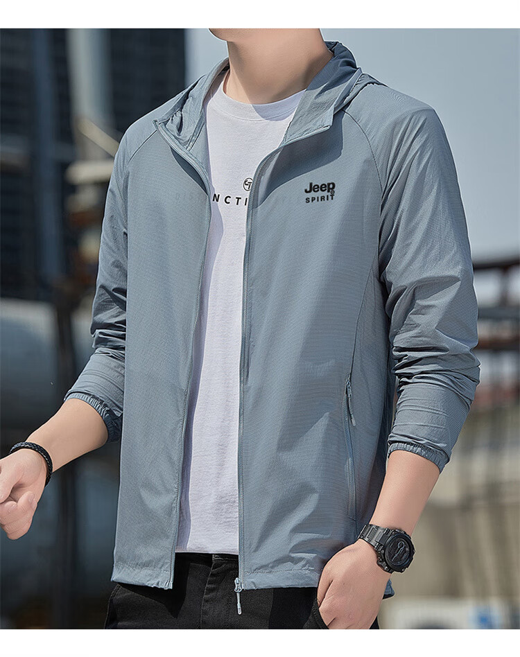 JEEP SPIRIT Men's Sun Protection Jacket, UPF40+, Breathable Hooded Coat, UV-Resistant Quick-Dry Outerwear, Dark Gray Blue, Size M 5