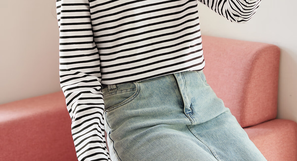 Halo Queen Long-Sleeve T-Shirt for Women, Spring And Autumn Round Neck, Heart Embroidery Striped Base Shirt, Casual Fashion Top, New Product H143T2005 60