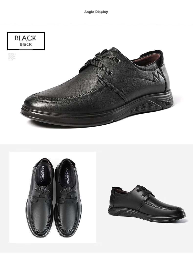 LAORENTOU Men's Leather Shoes, Spring And Autumn Business Casual Shoes, Top-Layer Cowhide Lace-Up Wear-Resistant Non-Slip Men's Shoes LA12049 Black 42 20