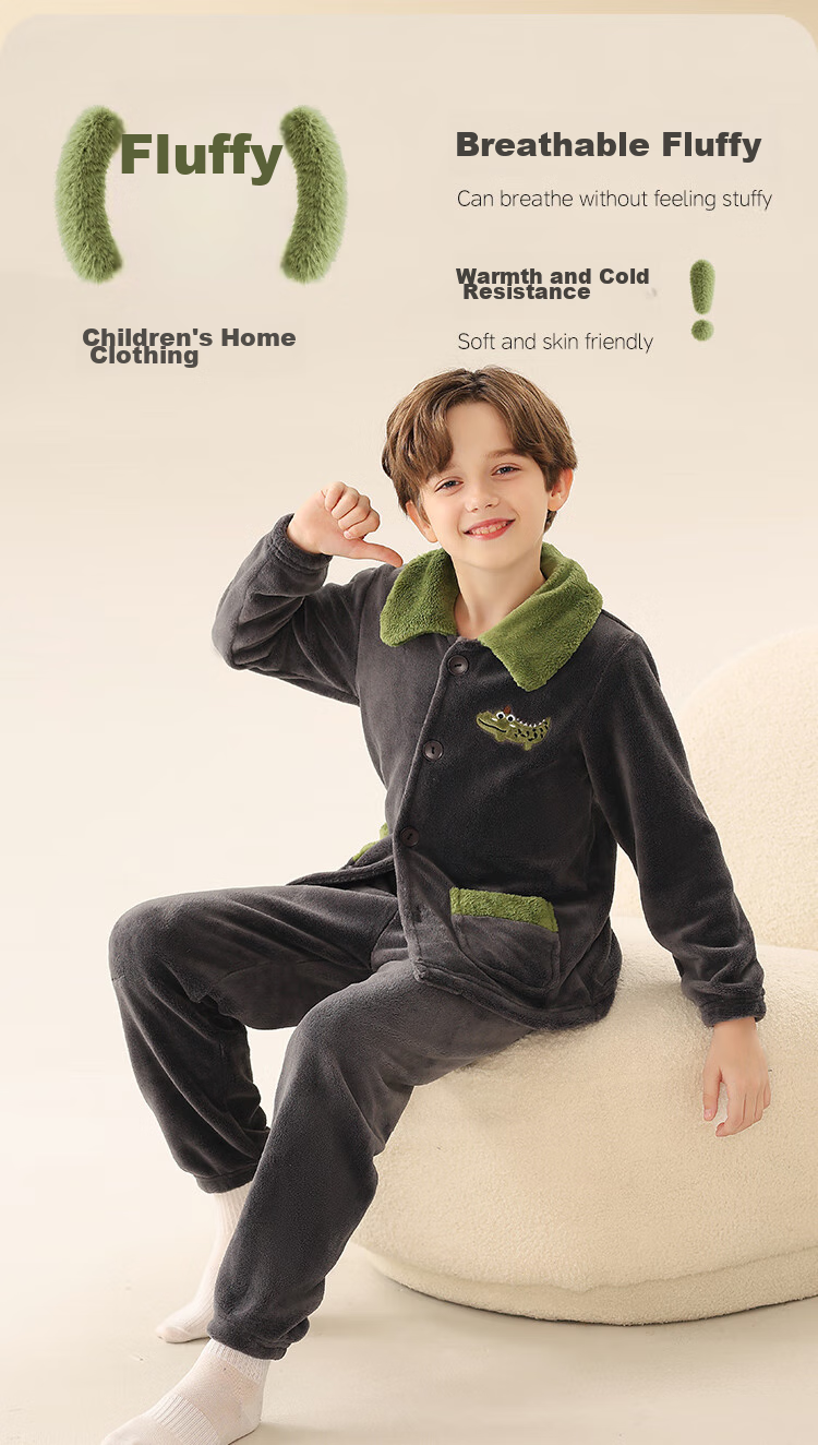 LangSha Children's Pajamas for Boys, Autumn And Winter Thickened Sleepwear for Older Children, Teenagers And Toddlers, Flannel Lapel Home Wear, Warm Set 1