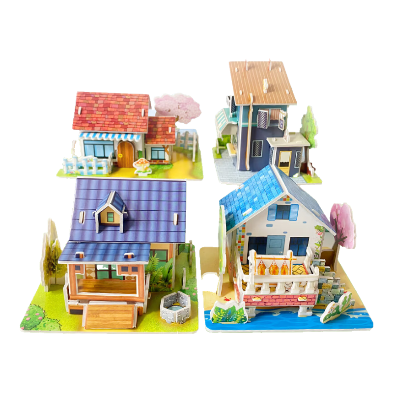 Dayanxiaowa Children's 3D Puzzle, Ages 3-6, DIY Model Building Toy, Birthday Gift for Boys And Girls, Includes House Assembly, 4 Sets