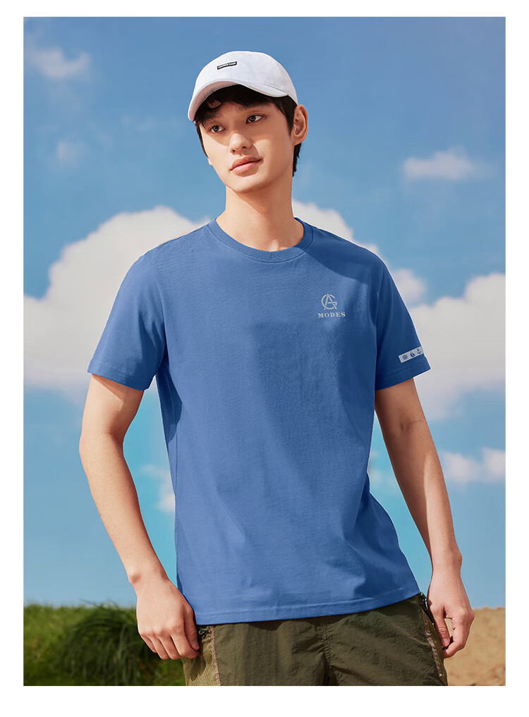 Pioneer Camp Summer Short-Sleeve T-Shirt for Men, Round Neck Loose Casual Student Top, Pure Cotton Printed Menswear, Smoky Blue, 3XL 6