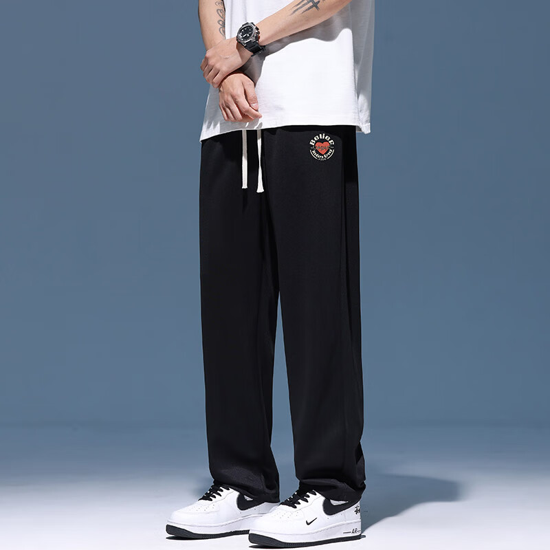 POUM Trendy Pants for Men, Spring And Autumn Thin Quick-Dry Draping Cool Wide-Leg Straight Trousers YM09 Black L