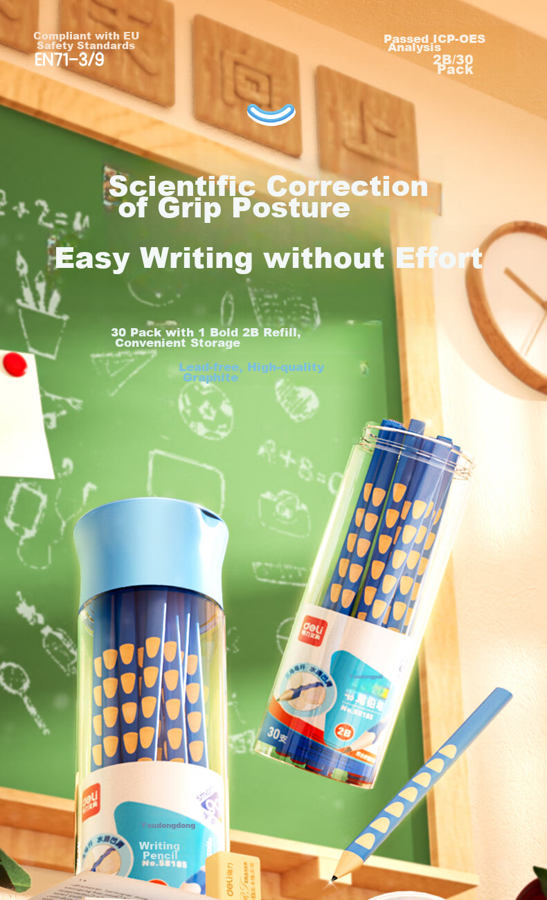 Deli Perforated Pencils, 30 Pieces, 2B Lead, Triangular Shaft, Easy Grip, Children's Posture-Correcting Pencils, Student Writing Practice Pencils, 58185 School Supplies for Students 3