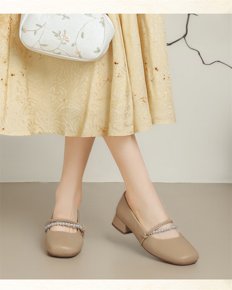 Daphne Women's French Style Leather Mary Jane Low Block Heel Shoes Beige 38 6