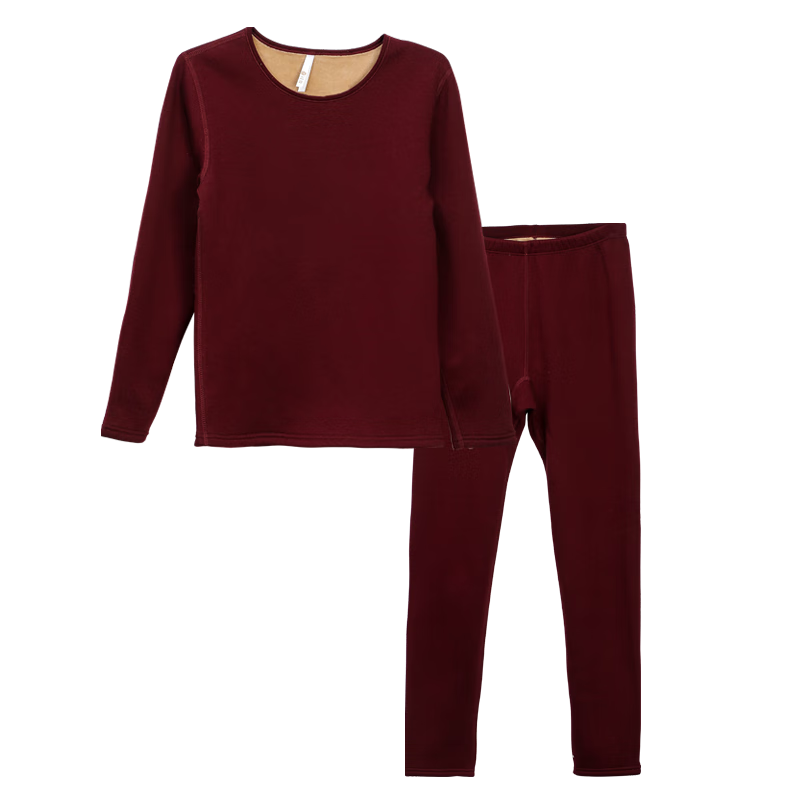 Hodo Women's Thermal Underwear Set Fleece Lined Thickened Colored Spun Crew Neck Base Layer Middle-aged and Elderly Cold Protection Autumn New Bordeaux Red