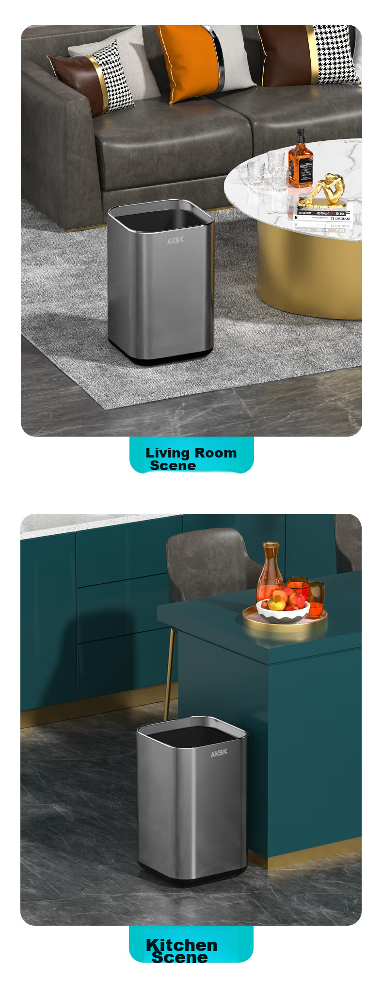 AKBK Stainless Steel Trash Can 15L Silver Large Square Bin for Living Room, Kitchen, Bathroom, Luxury Hotel, Office 10