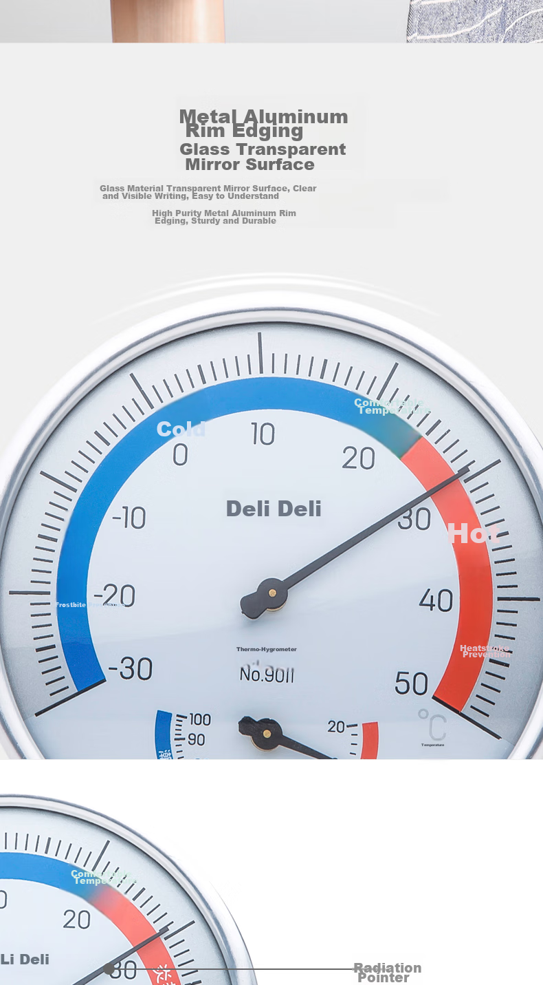 Deli Desktop Battery-Free Indoor Temperature And Humidity Meter with Metal Aluminum Frame And Glass Lens, Three-Color Display, Medium Size 9011 4