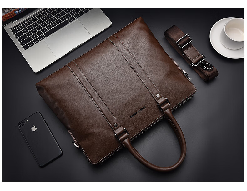 Hush Puppies Briefcase for Men, Top-Grain Leather, Shoulder Crossbody Handbag, Men's Business Laptop Bag, Father's Day Gift for Boyfriend, Black 8