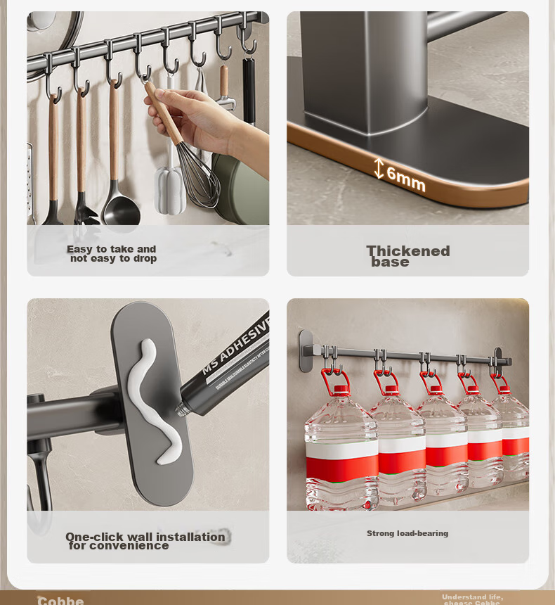 Cobbe White Kitchen Hooks, No Drilling Required, Hanging Rod Storage Rack, Wall-Mounted Hook Organizer, Kitchen Utensil Hanger, Pot Lid Storage Shelf 4