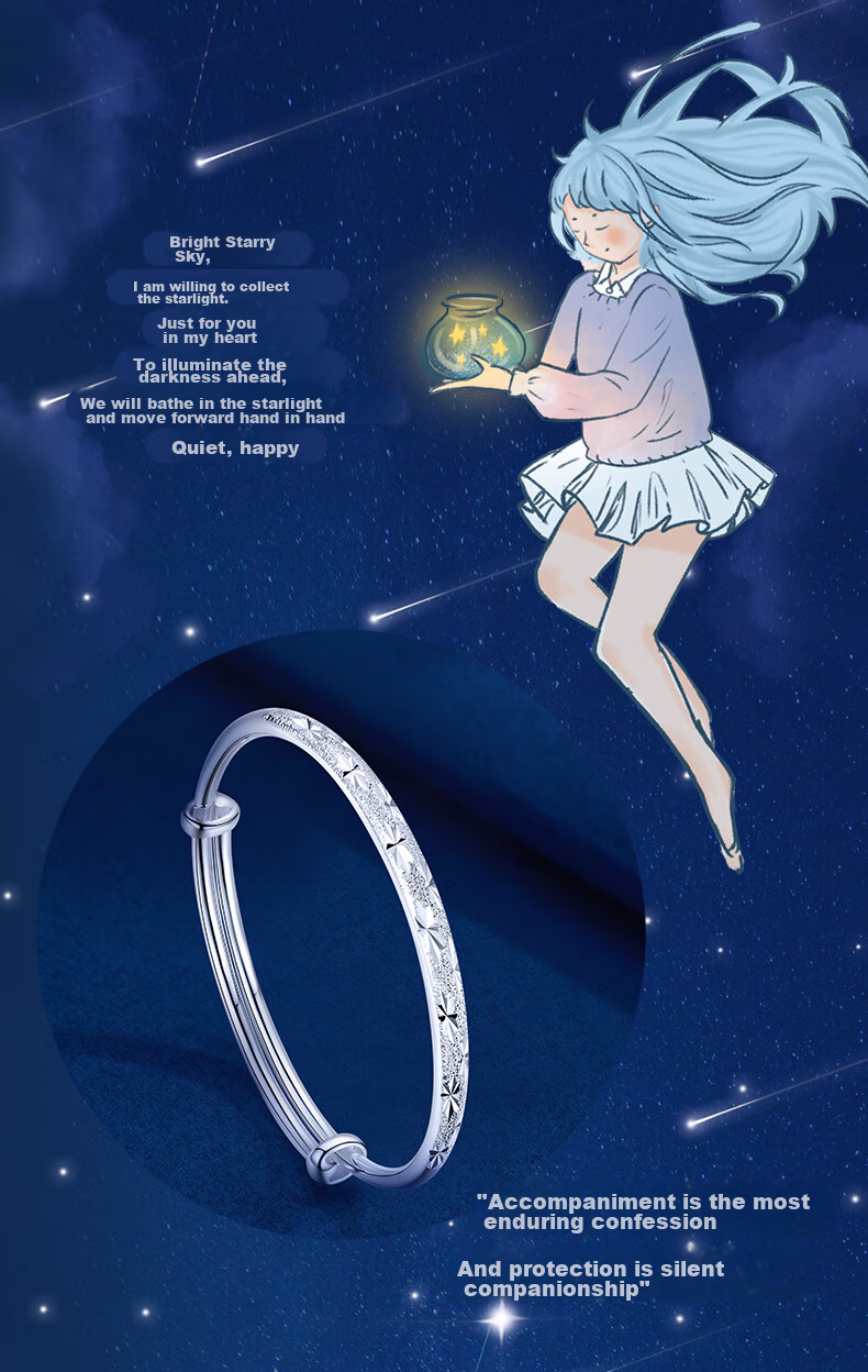 Sino Gem 999 Sterling Silver Women's Starry Sky Bracelet Fashion Silver Jewelry Couple Bangle Gift for Girlfriend Wife Birthday 3