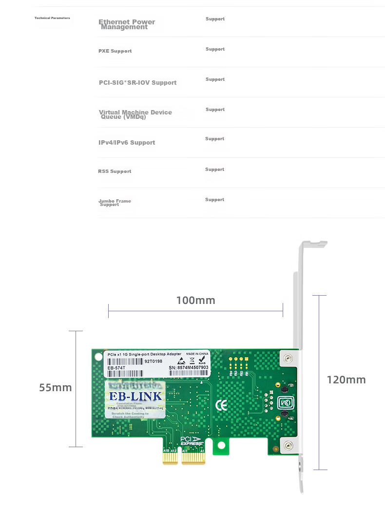 EB-LINK Intel 82574 Chip PCIE Gigabit Single-Port Desktop Server Wired Network Card 9301ct Supports Plug-And Network Adapter 13