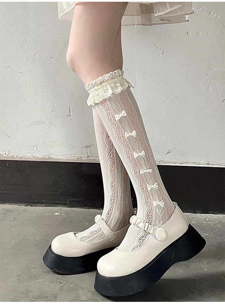 LangSha Silk Stockings for Women, Thigh-High Socks, Thin Spring And Summer Style, Y2k Hot Girl Schoolgirl Style, Lace Trim, Bow, Mid-Calf Socks 3