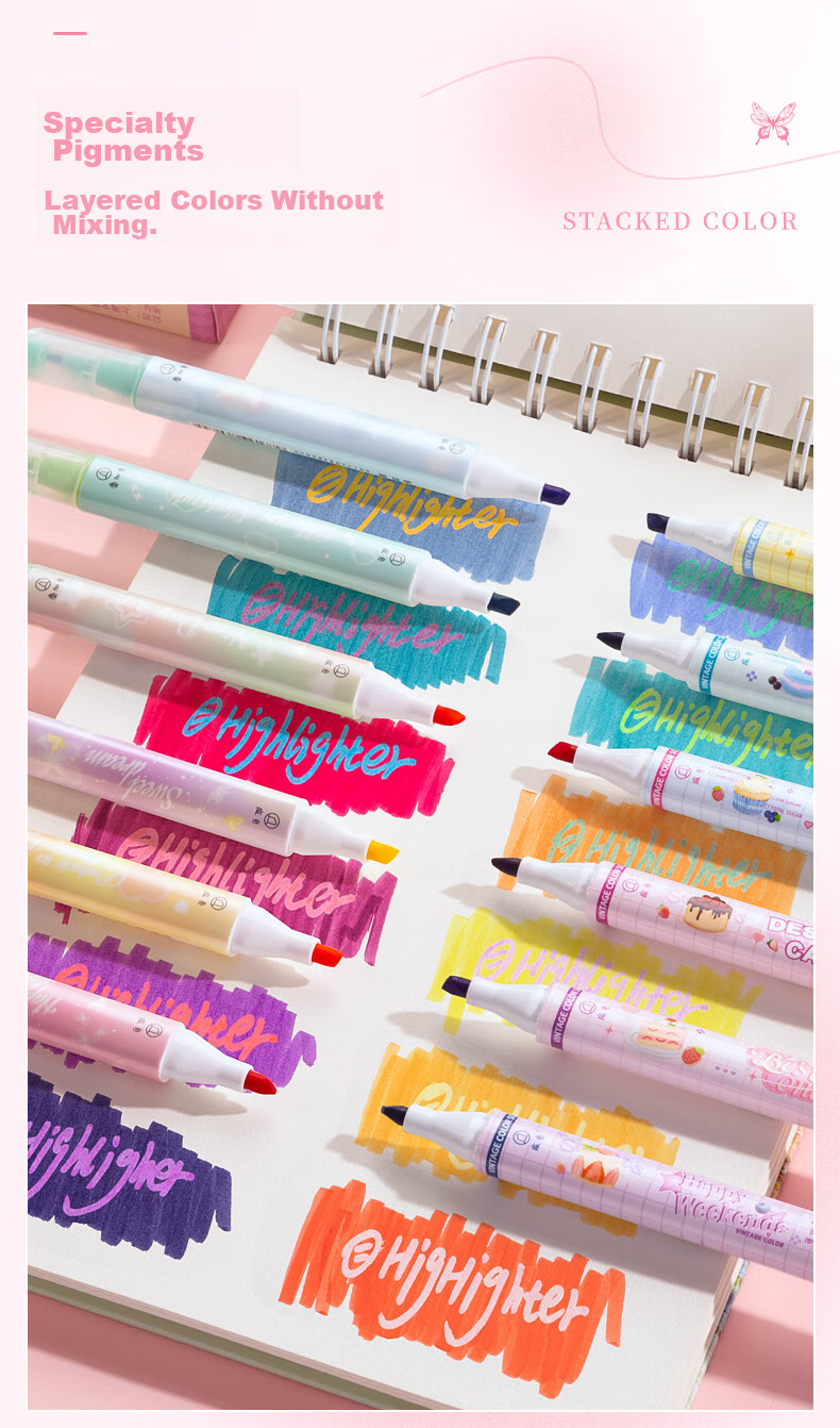 Kabaxiong Highlighters, Stackable, 6-Pack, High-Quality Student Marker Pens, Dual-Tip Non-Smear Journal Markers, Colorful Pens, American Retro Style 5