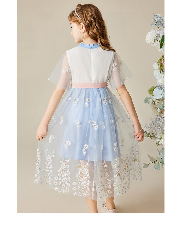 ASK JUNIOR Girls' Summer Dress, Vintage Hanfu Style for Older Children, Lightweight Short-Sleeve Mesh Princess Dress 3