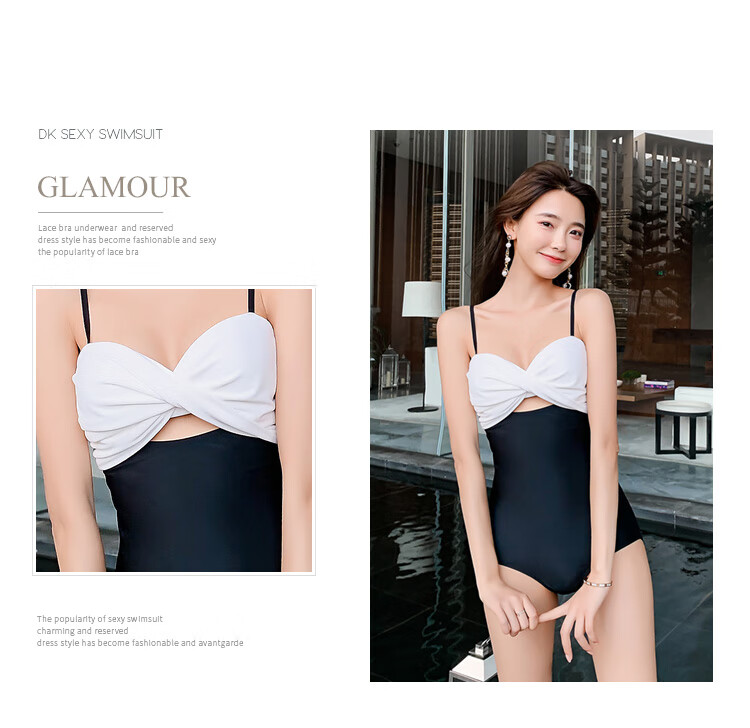 DK One-Piece Swimsuit for Women, New Style, Conservative, Slimming, Tummy Control, Push-Up, Elegant, Suitable for Hot Springs, Black, M 7